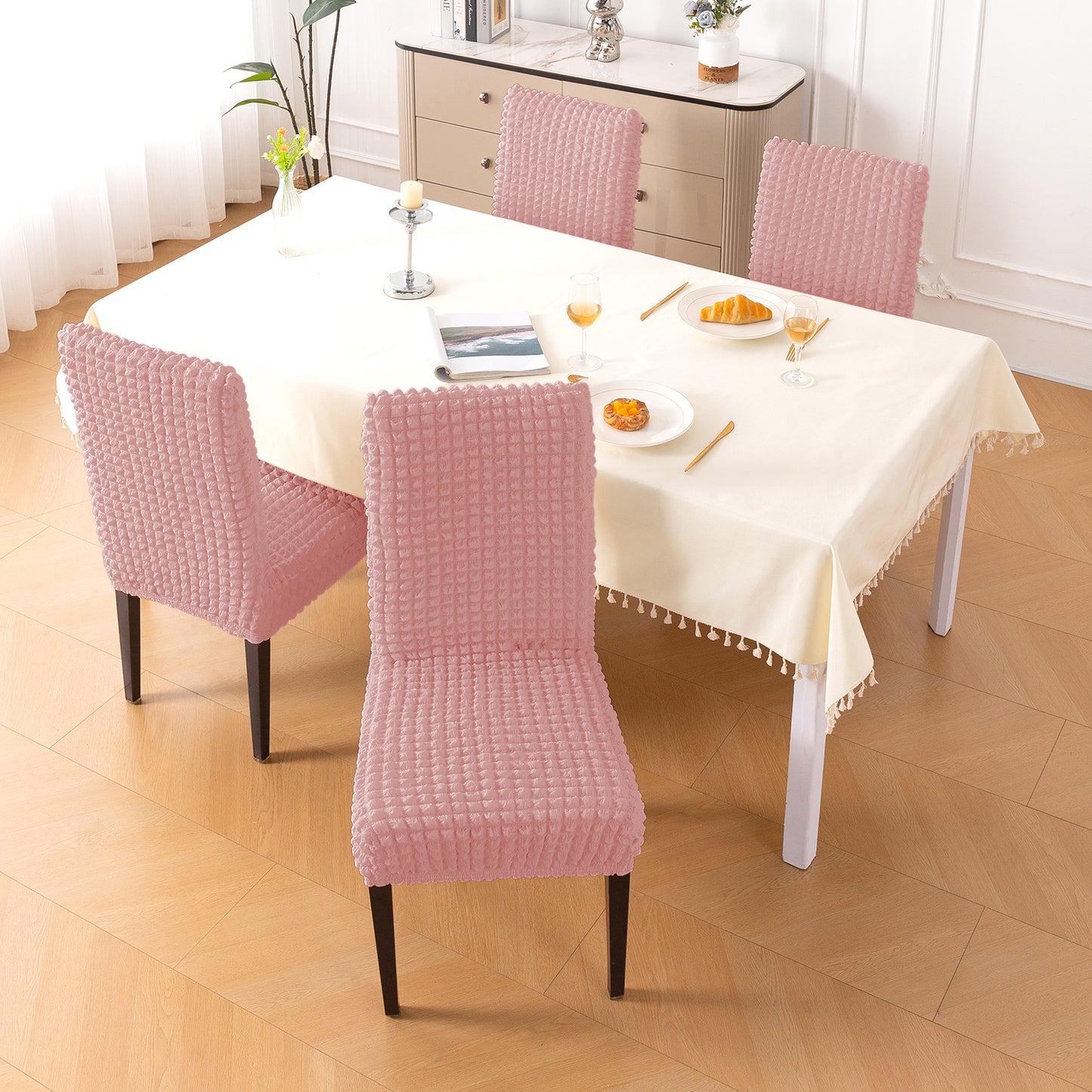 Aria Nova Bubble 280 GSM Dining Chair Cover Set of 1/2/4/6, Tea Rose Pink