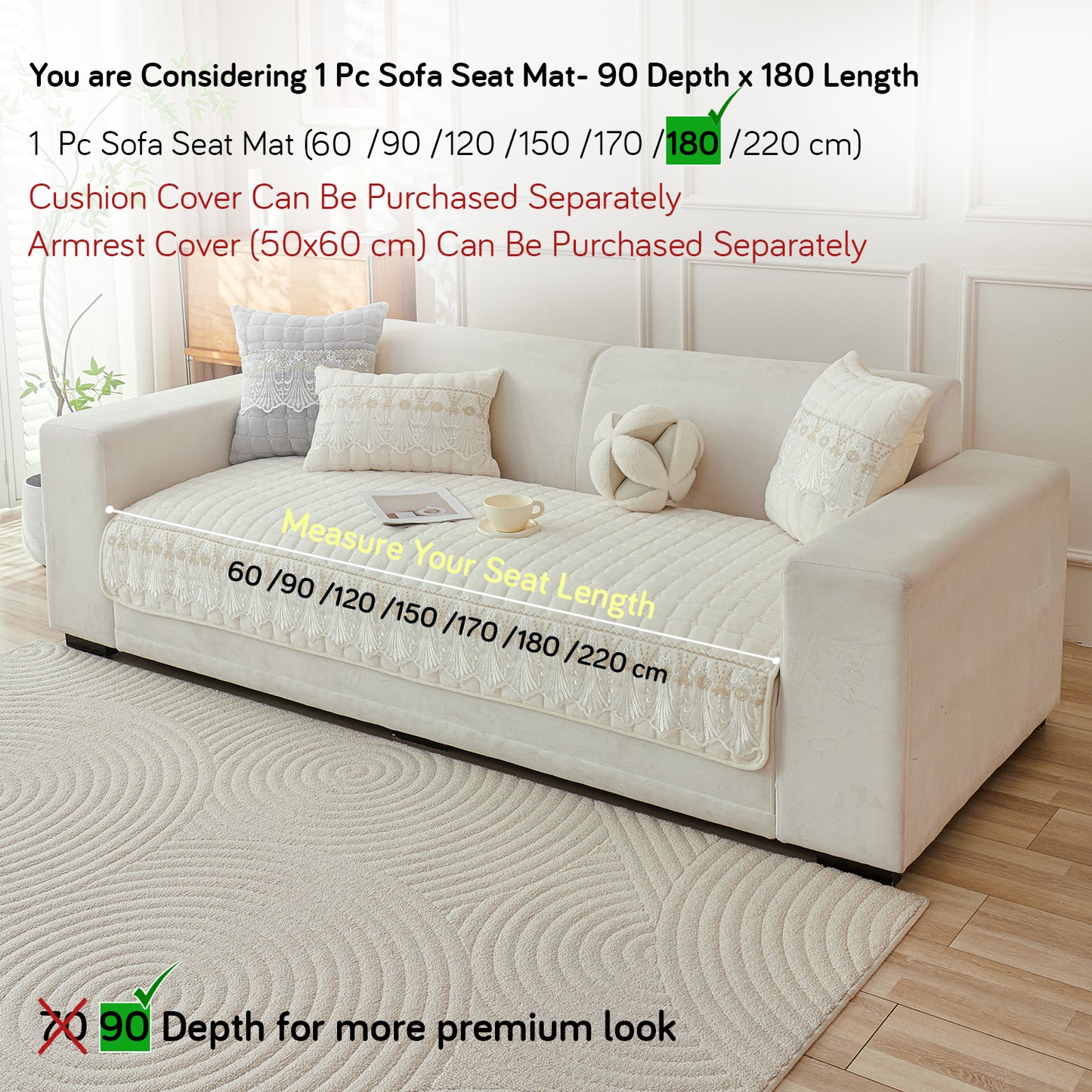 BelleLace Series Premium Imperial Milk Velvet Sofa Cover Mat with Lace Design -  Pearl White