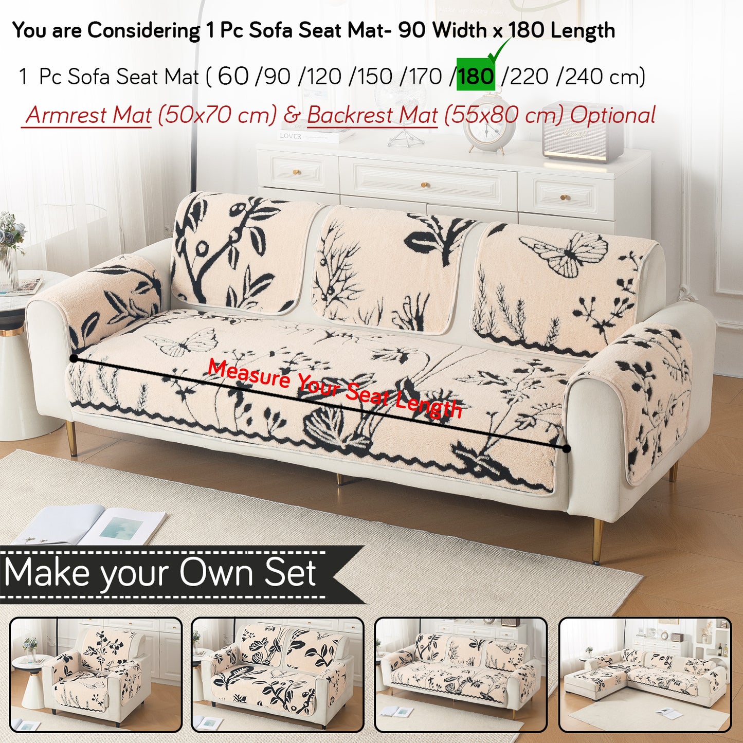 Luxury Plush Sherpa Anti-Slip Sofa Cover Mat, 'Noirea Series'| Butterfly Garden