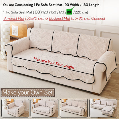 Embossed Floral Jacquard Anti-Slip Sofa Cover Mat, 'Wavy Petal Crest Series' Light Cream