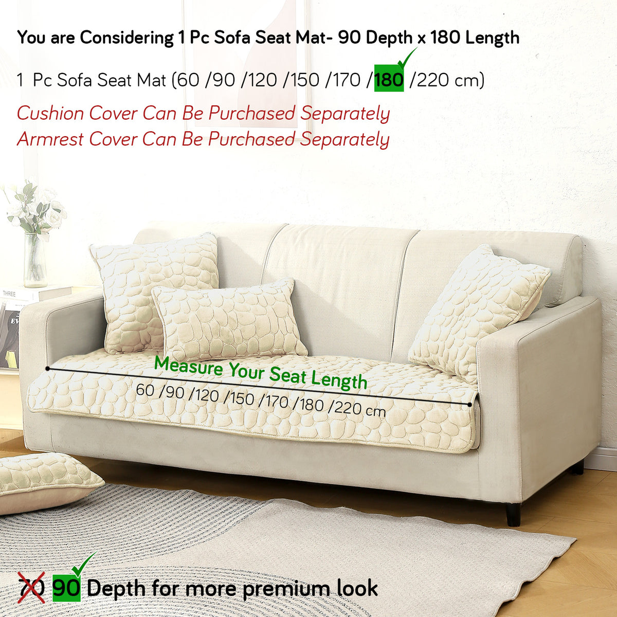 Premium Pebble Milk Velvet Anti Slip Sofa Mats, Bliss White