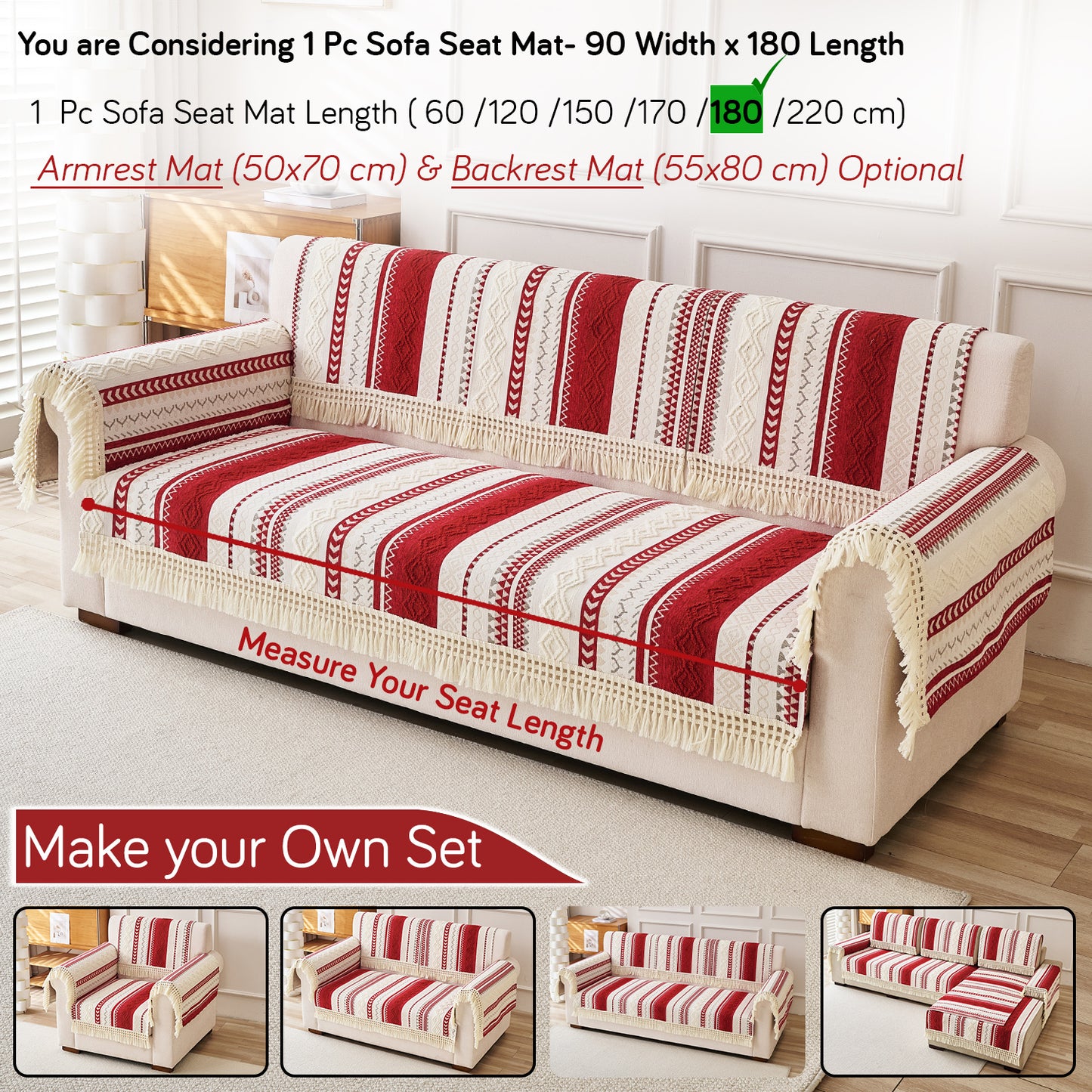 Nordic Boho Geometric Sofa Cover Mat with Tassel, 'Nordic Tassel Series'  Ruby Cream