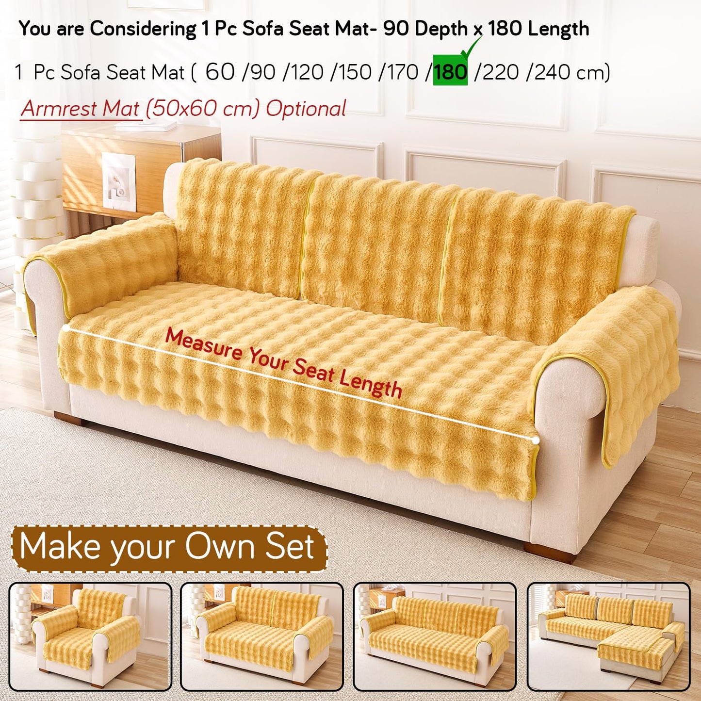 'FurHug' Premium Faux Rabbit Fur Sofa Seat Mats, Honey Yellow