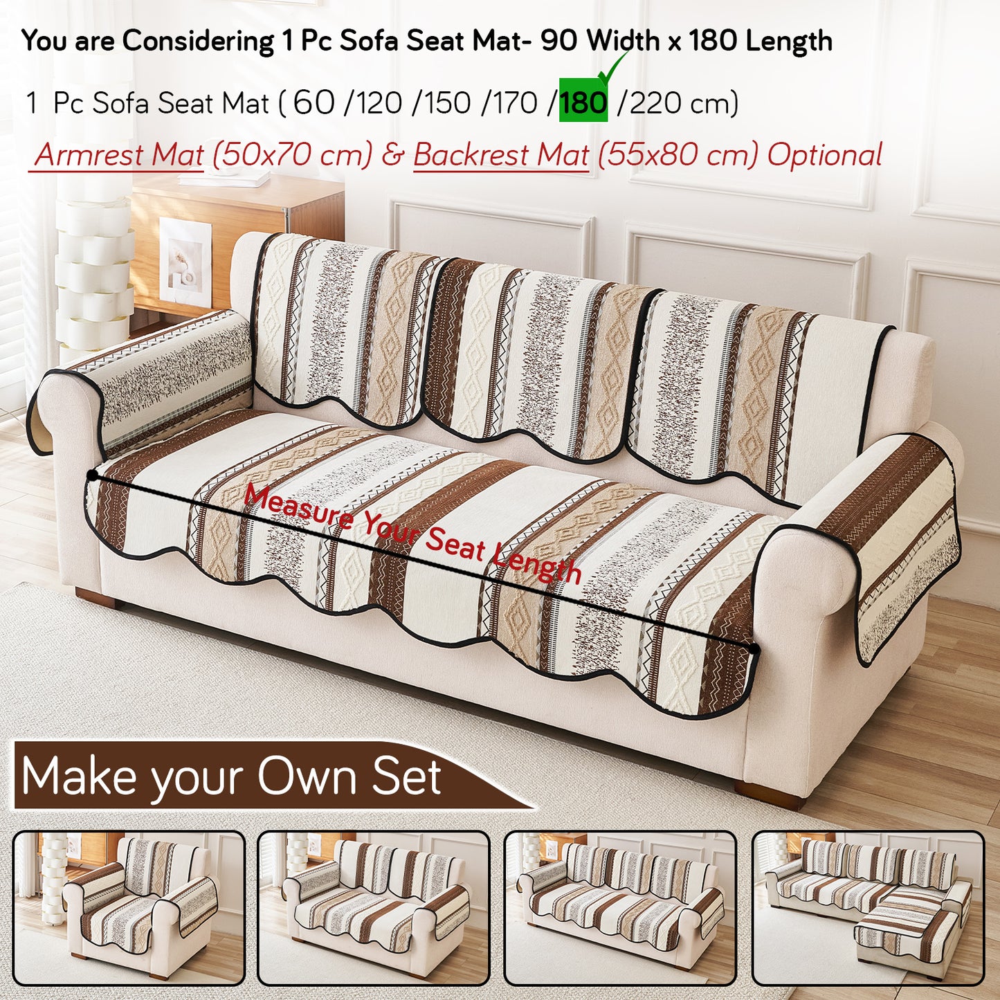 HOKIPO Boho Geometry Sofa Cover Mat|'Valenca Wavy Luxe Series' Earth Brown