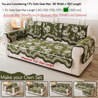 Chenille Sofa Cover Mat with Curvy Edges, 'Retro Curves Series' Sofa Mat, Olive Green