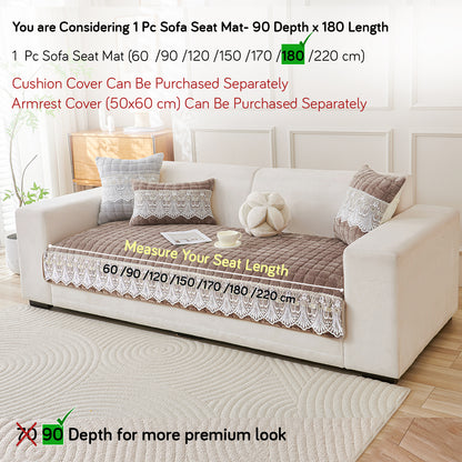 BelleLace Series Premium Imperial Milk Velvet Sofa Cover Mat with Lace Design -  Mocha Brown
