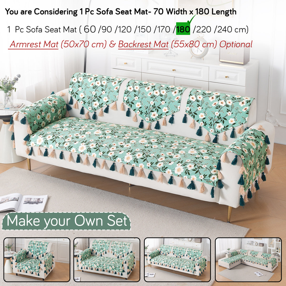 'Whispers of Nature' Series Holland Velvet Sofa Mat with Tassel, Sage Floral Vine