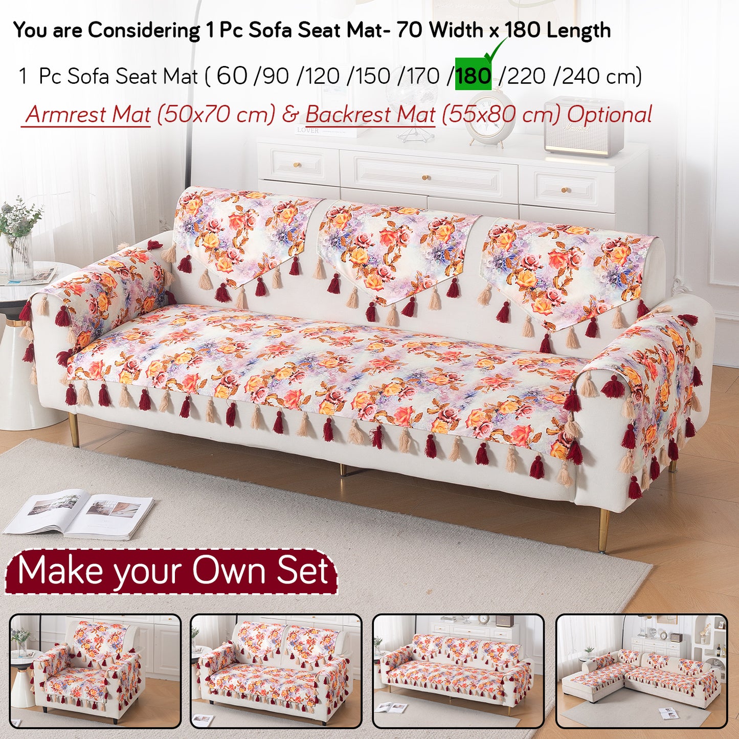'Whispers of Nature' Series Holland Velvet Sofa Mat with Tassel, Vintage Rose Bloom