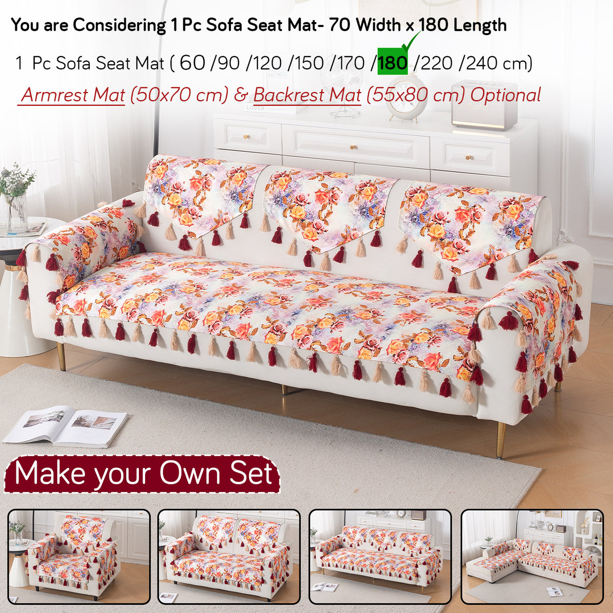 'Whispers of Nature' Series Holland Velvet Sofa Mat with Tassel, Vintage Rose Bloom