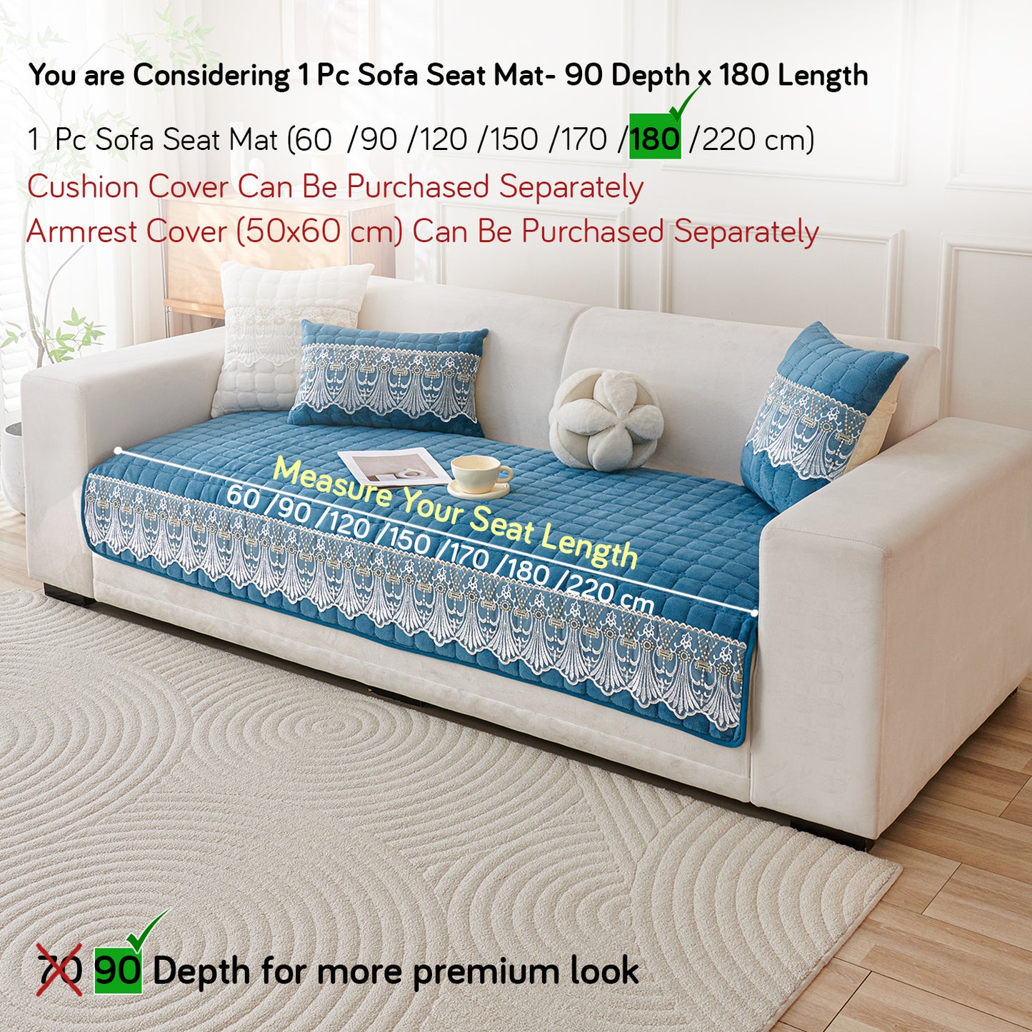 BelleLace Series Imperial Milk Velvet Sofa Cover Mat with Lace Design - Celdaon Blue