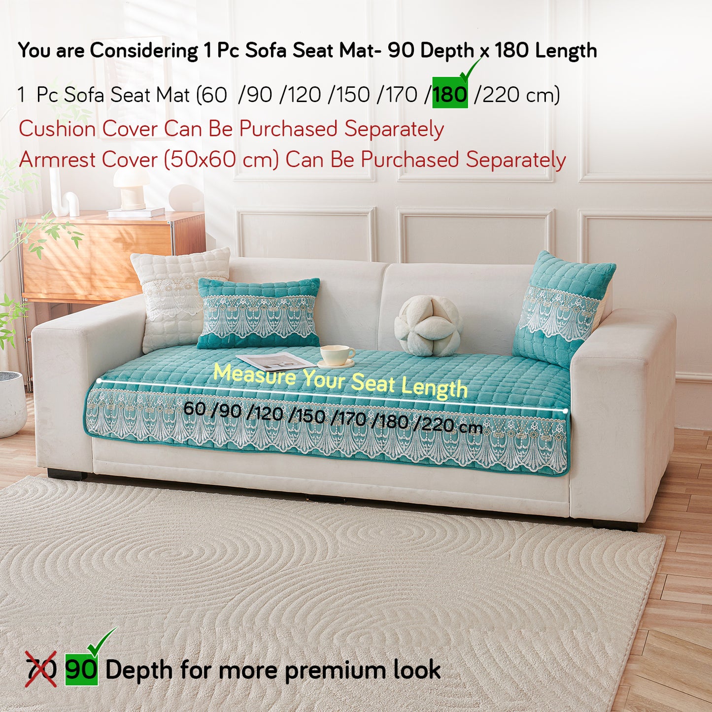 BelleLace Series Imperial Milk Velvet Sofa Cover Mat with Lace Design - Teal