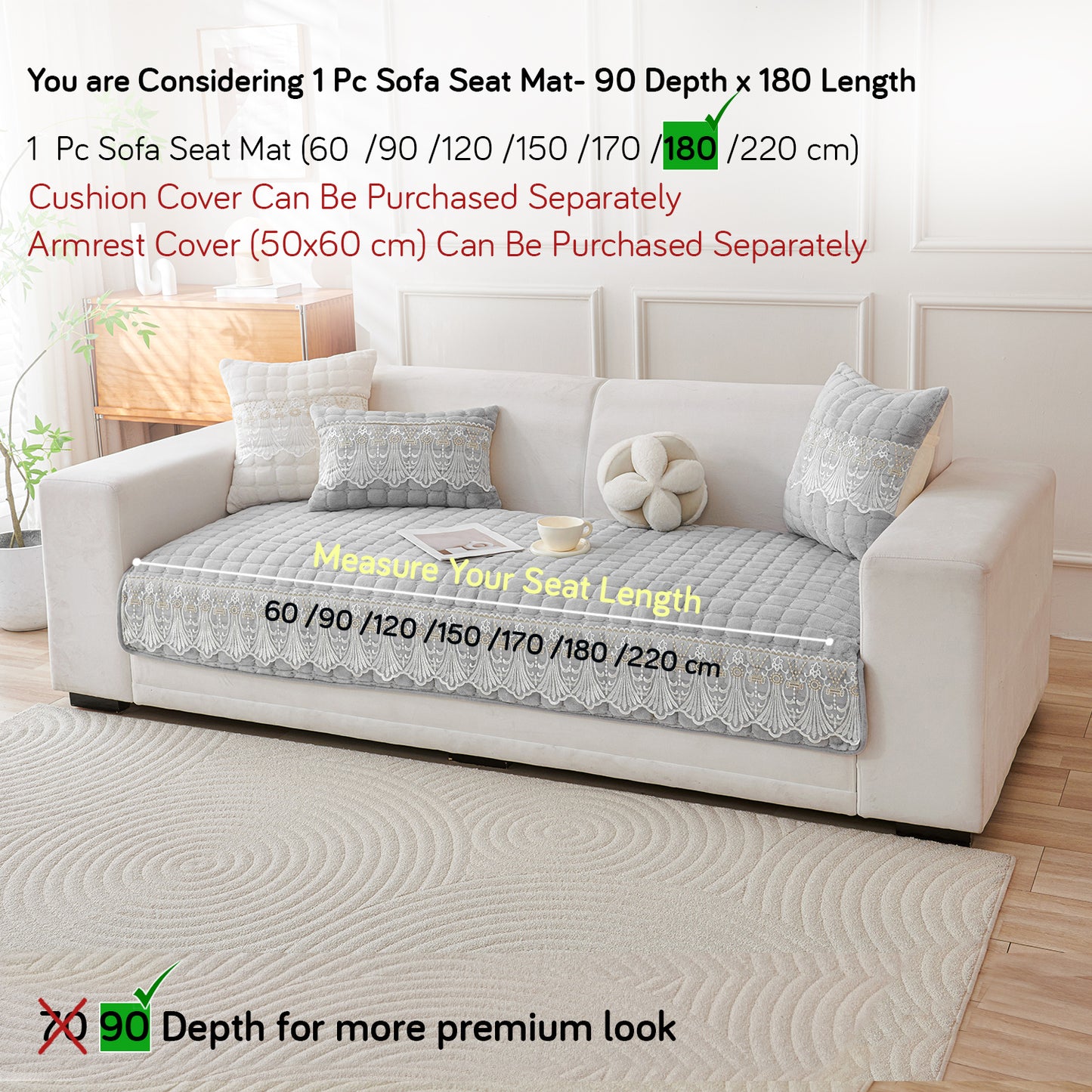 BelleLace Series Imperial Milk Velvet Sofa Cover Mat with Lace Design - Cloud Grey