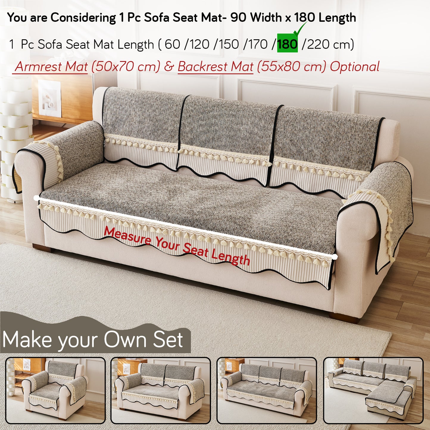Thick Woven Weave Chenille Sofa Cover with Tassel|'Wavy Royale Series' Taupe Mist