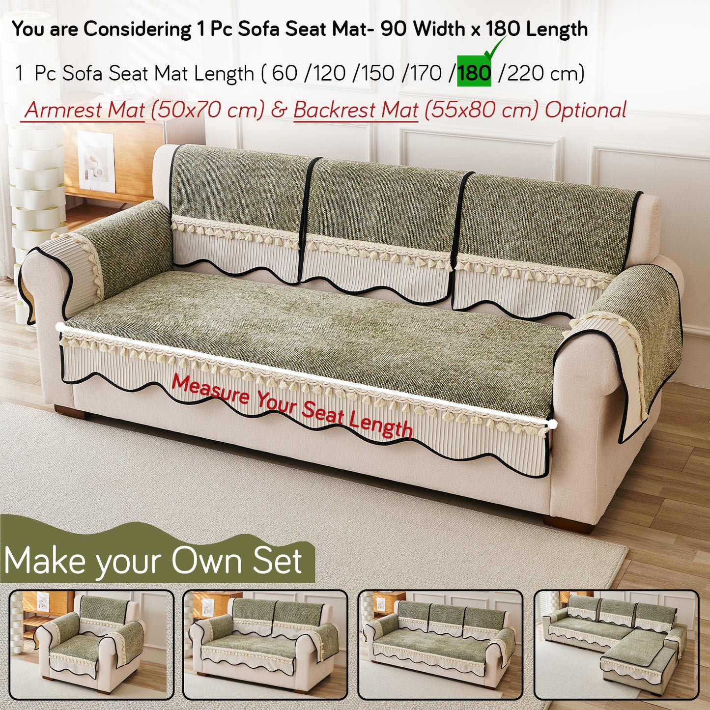 Thick Woven Weave Chenille Sofa Cover with Tassel|'Wavy Royale Series' Sage Green
