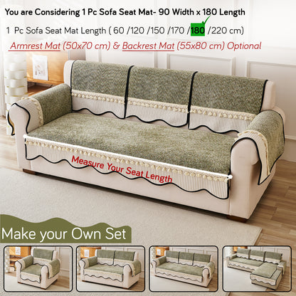 Thick Woven Weave Chenille Sofa Cover with Tassel|'Wavy Royale Series' Sage Green
