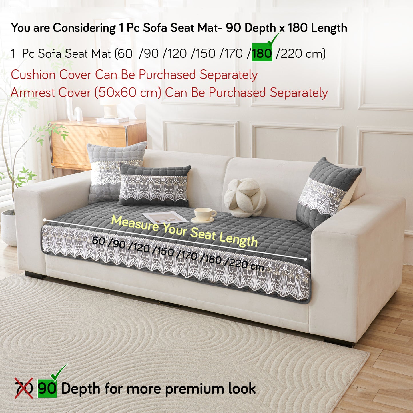 BelleLace Series Imperial Milk Velvet Sofa Cover Mat with Lace Design - Porpoise Grey