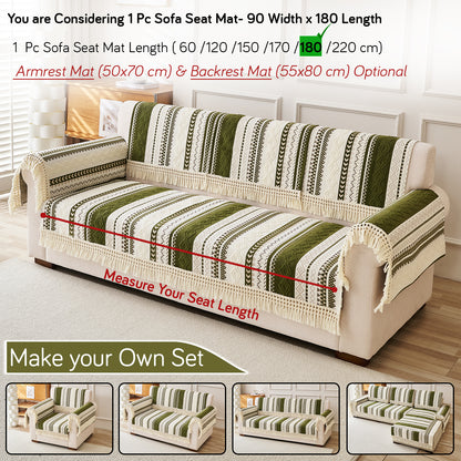 Nordic Boho Geometric Sofa Cover Mat with Tassel, 'Nordic Tassel Series'  Olive Meadow