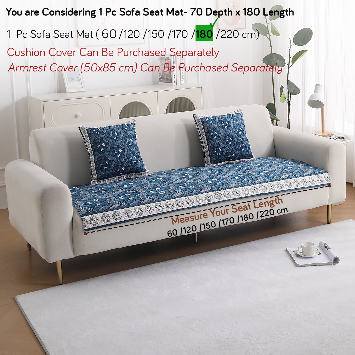 LiefNest Holland Velvet Sofa Cover Mat with Foam Filling - Geometric Floral Oriental Blue