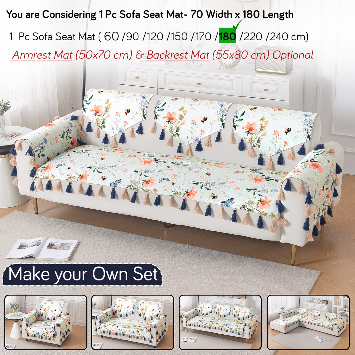 'Whispers of Nature' Series Holland Velvet Sofa Mat with Tassel, Pastel Butterfly Meadow