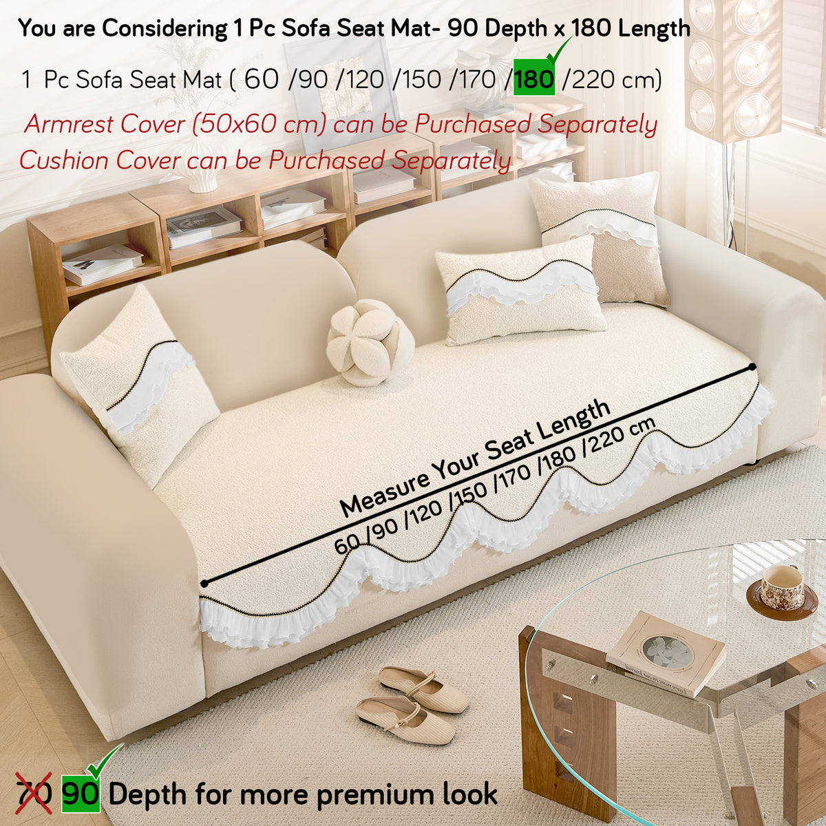 French Classic Frill Wavy Sofa Cover Mat, Snow White Ivory