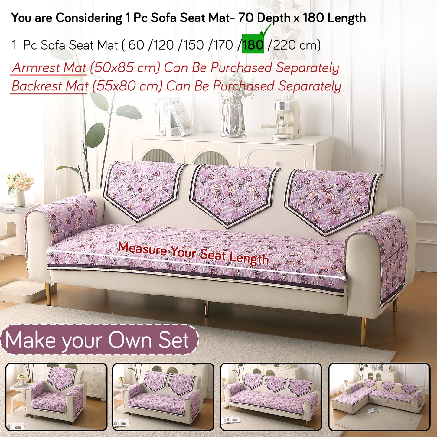 Florentina Series Premium Holland Velvet Sofa Cover Mat - Peony Lavender