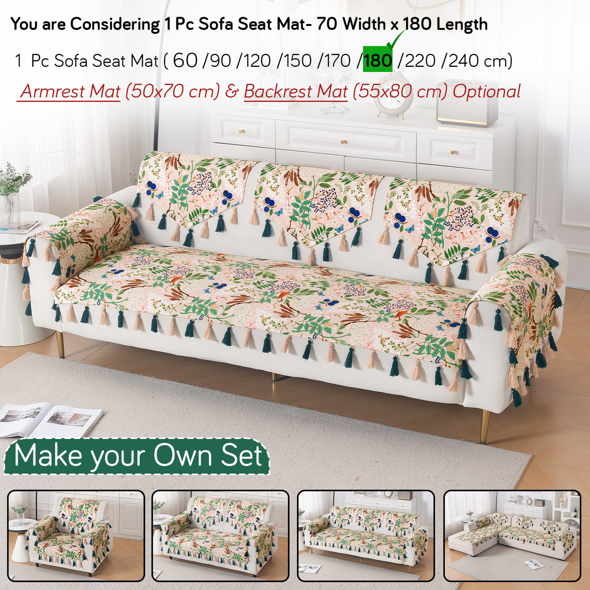 'Whispers of Nature' Series Holland Velvet Sofa Mat with Tassel, Beige Woodland Bloom