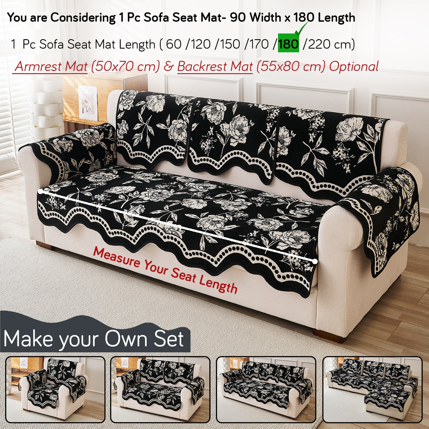 Chenille Sofa Cover Mat with Curvy Edges, 'Retro Curves Series' Sofa Mat, Classic Black