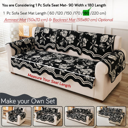 Chenille Sofa Cover Mat with Curvy Edges, 'Retro Curves Series' Sofa Mat, Classic Black