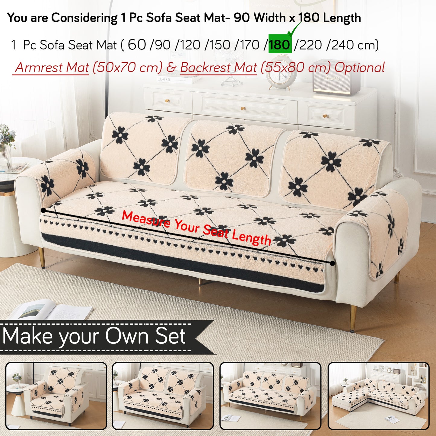 Luxury Plush Sherpa Anti-Slip Sofa Cover Mat, 'Noirea Series'| Floral Lattice