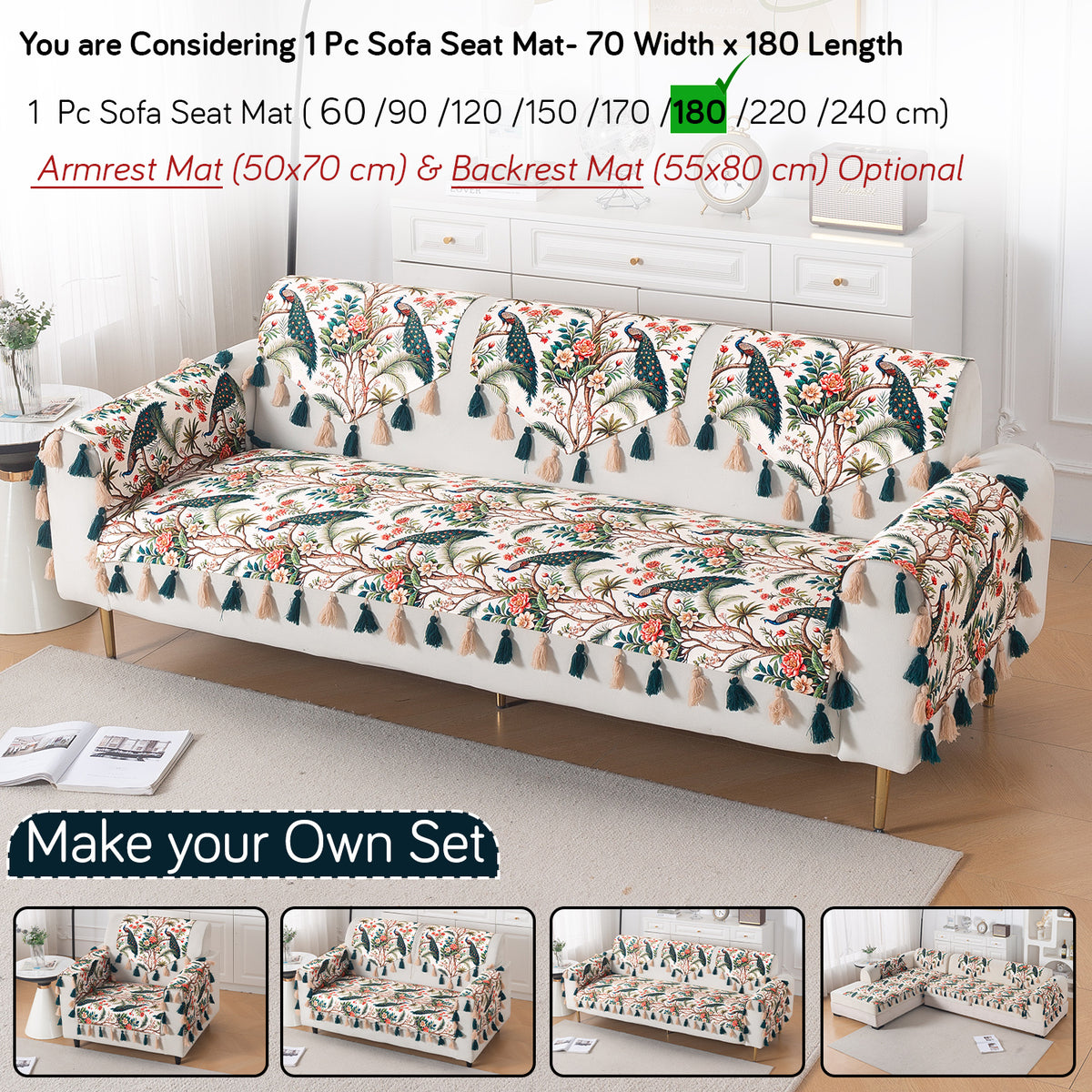 'Whispers of Nature' Series Holland Velvet Sofa Mat with Tassel, Multicolor Tropical Peacock