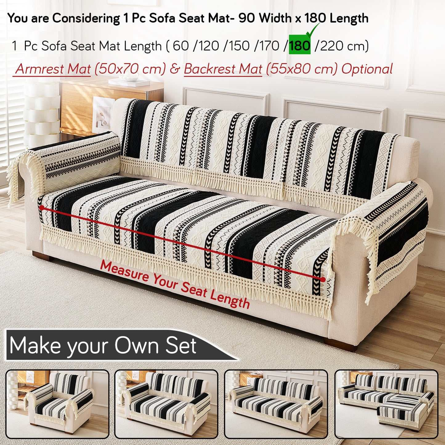 Nordic Boho Geometric Sofa Cover Mat with Tassel, 'Nordic Tassel Series'  Aurora Black
