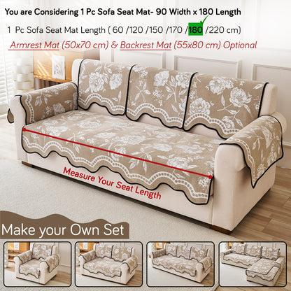 Chenille Sofa Cover Mat with Curvy Edges, 'Retro Curves Series' Sofa Mat, Sand Beige