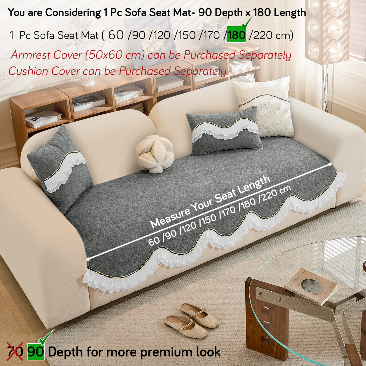 French Classic Frill Wavy Sofa Cover Mat, Moonstone Grey