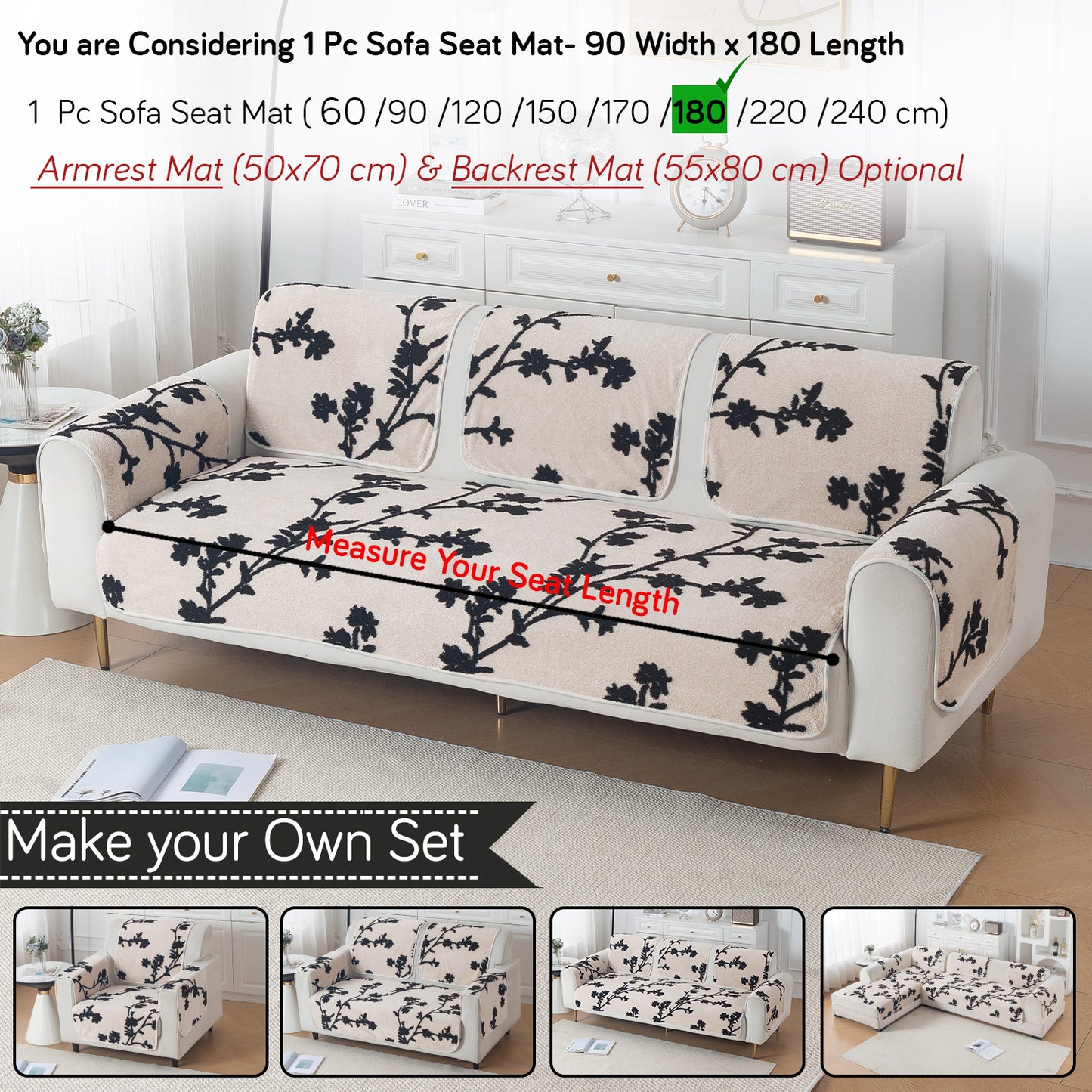 Luxury Plush Sherpa Anti-Slip Sofa Cover Mat, 'Noirea Series'| Botanical Vine