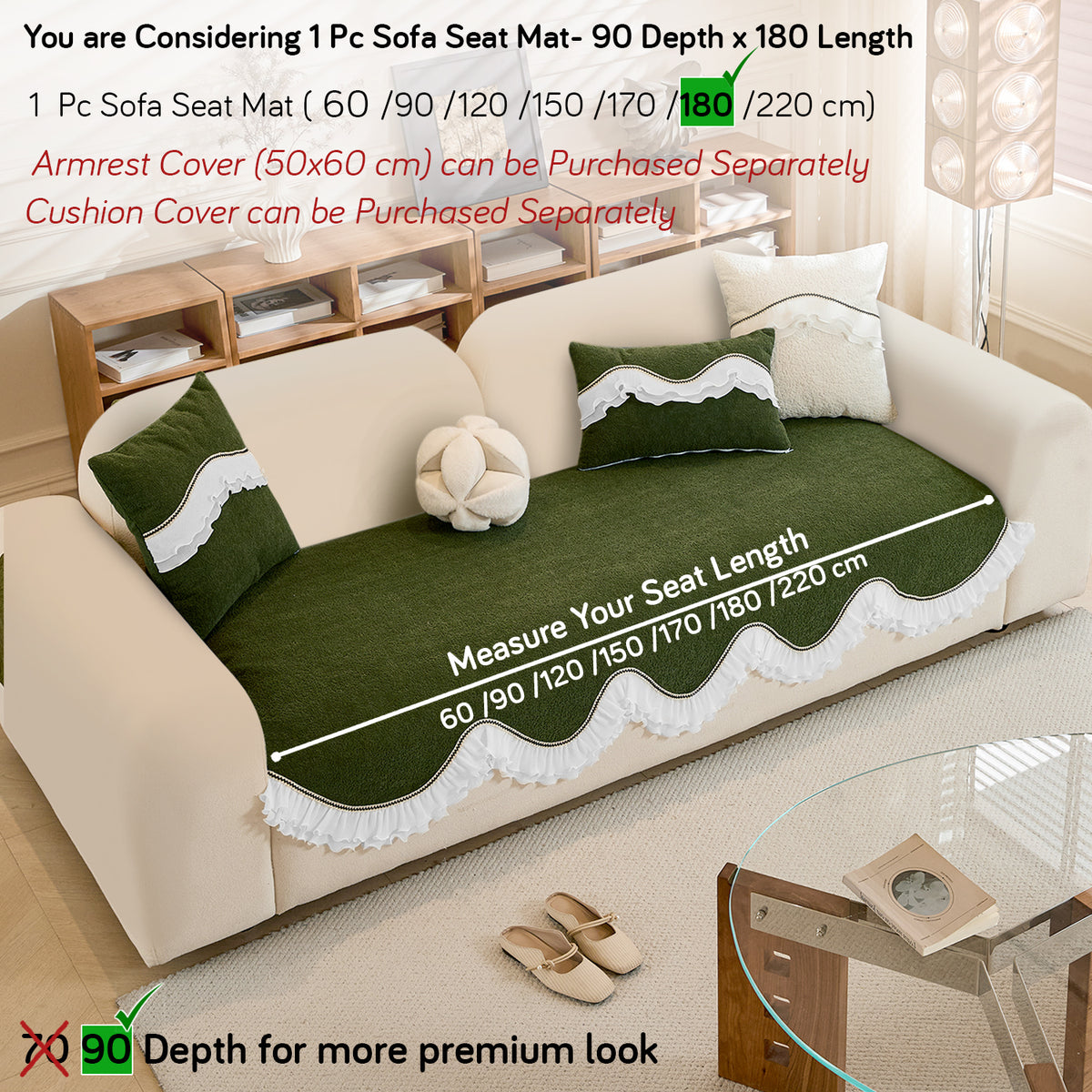 French Classic Frill Wavy Sofa Cover Mat, Dark Olive Green