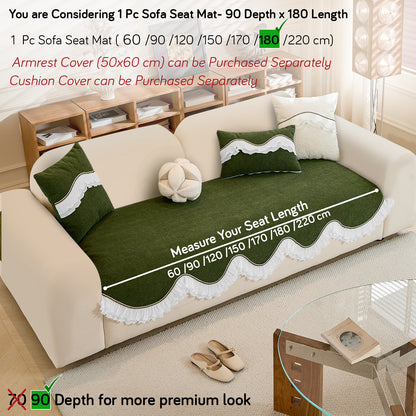 French Classic Frill Wavy Sofa Cover Mat, Dark Olive Green