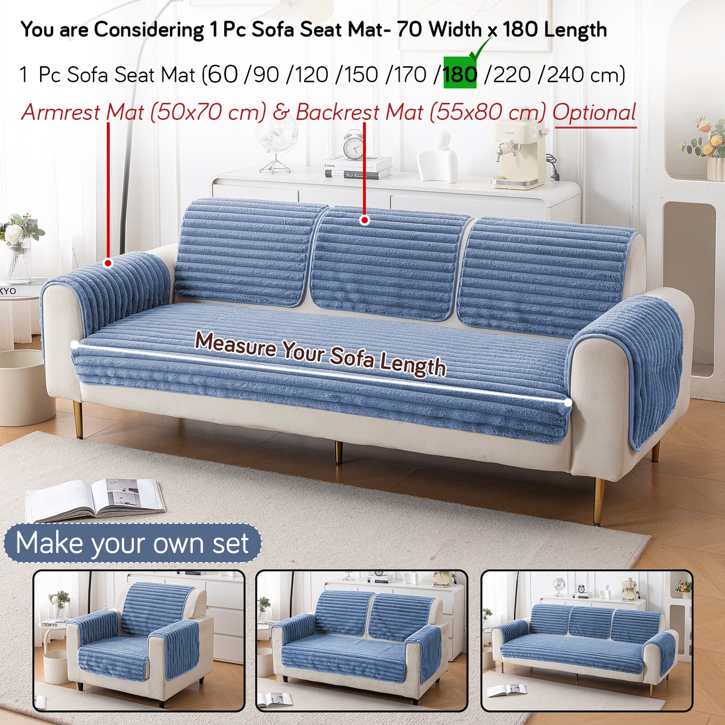 Faux Rabbit Fur Plush Anti-Slip Sofa Mat |Snuggle Fur Denim Blue