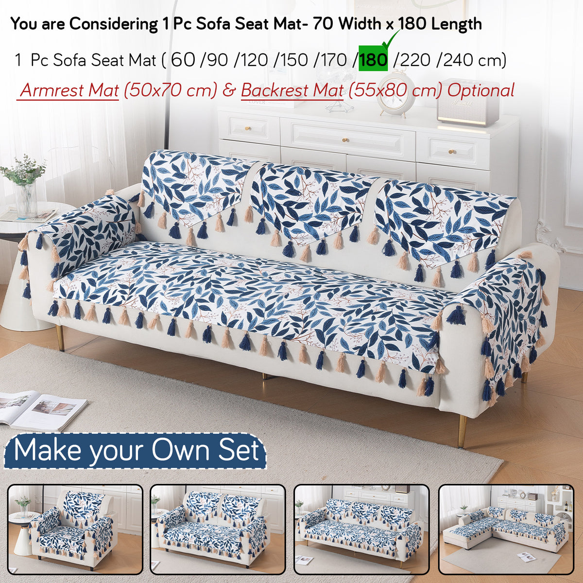 'Whispers of Nature' Series Holland Velvet Sofa Mat with Tassel, Indigo Foliage