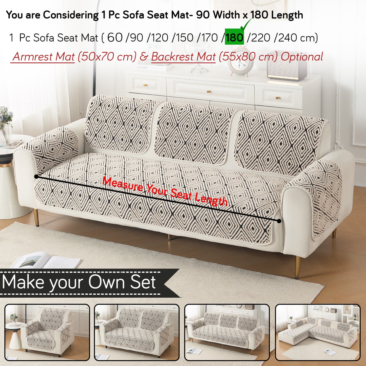 Luxury Plush Sherpa Anti-Slip Sofa Cover Mat, 'Noirea Series'| Geometric Diamond