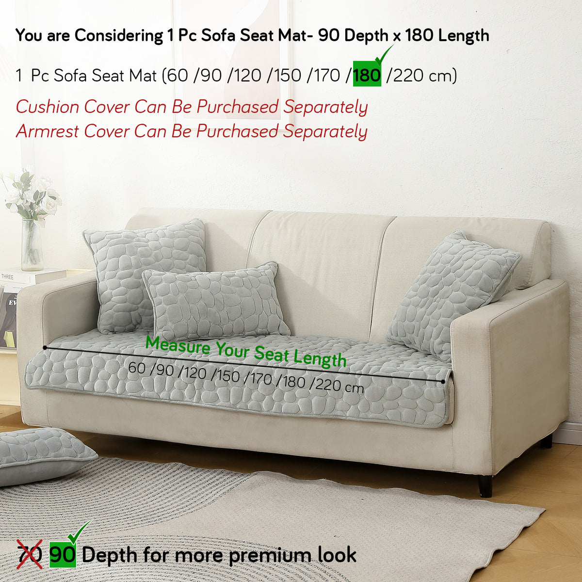 Premium Pebble Milk Velvet Anti Slip Sofa Mats, Moon Grey