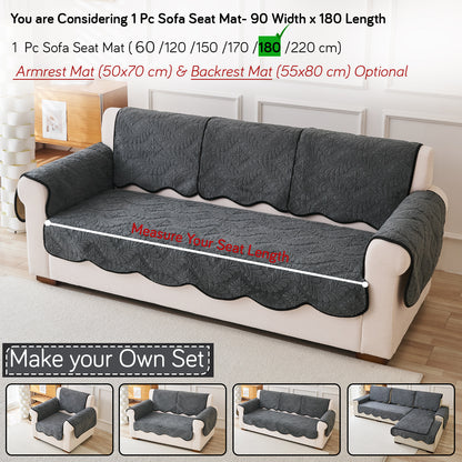 Embossed Floral Jacquard Anti-Slip Sofa Cover Mat, 'Wavy Petal Crest Series' Charcoal Grey