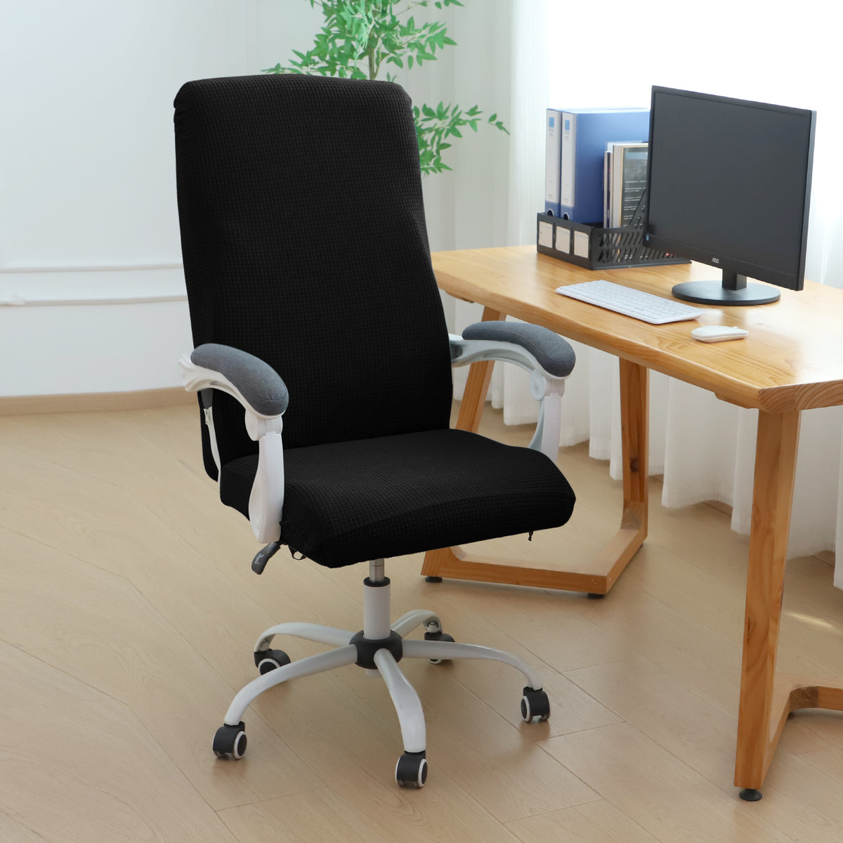 Water Repellent Office Chair Cover for Executive Chair (High-Back) – 210 GSM Stretchable Jacquard – Washable & Anti-Slip – Fits Big & Tall Office Chairs, Black