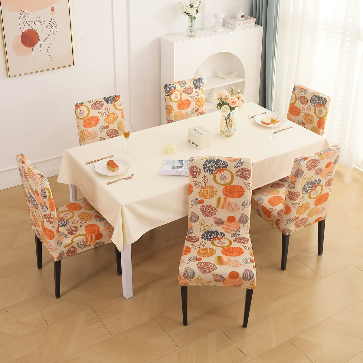 Premium Printed Velvet Dining Chair Cover Set, Coral Autumn Leaves