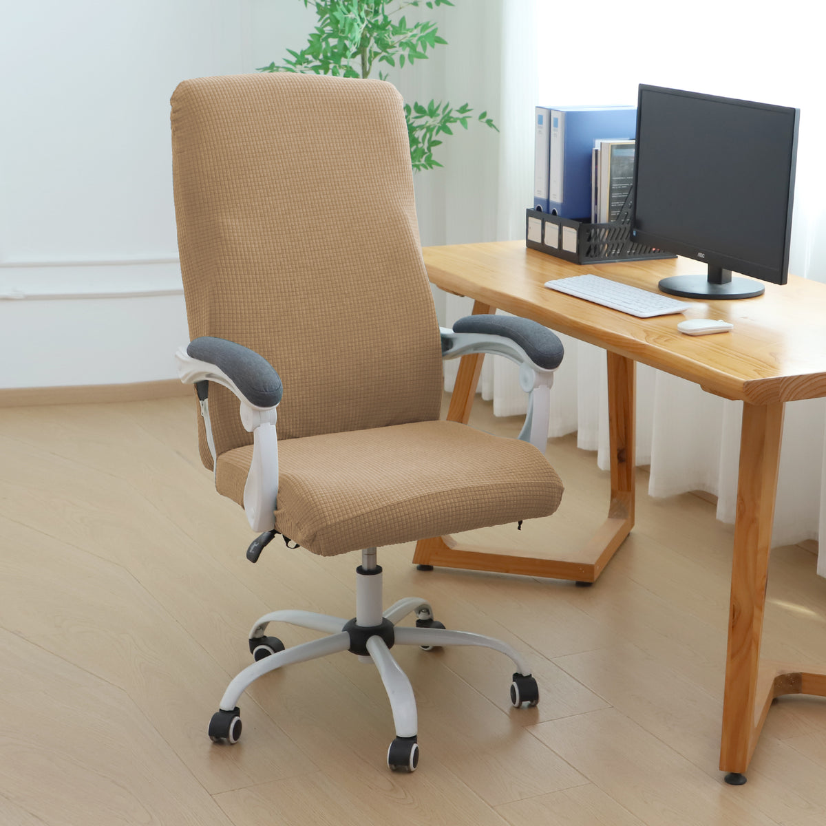 Water Repellent Office Chair Cover for Executive Chair (High-Back) – 210 GSM Stretchable Jacquard – Washable & Anti-Slip – Fits Big & Tall Office Chairs, Camel