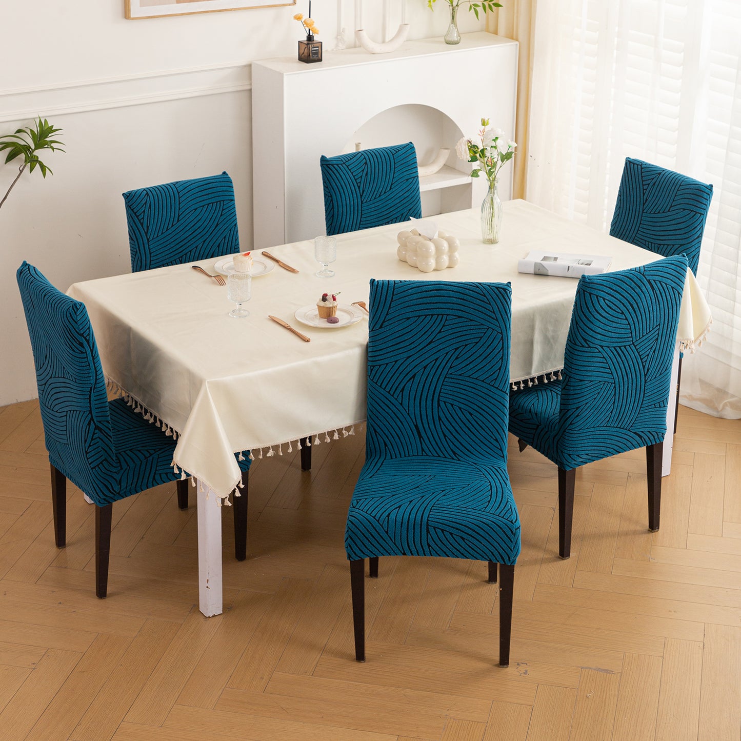 WaveLine Series 180 GSM Jacquard Chair Cover Set of 1/2/4/6, Teal Green