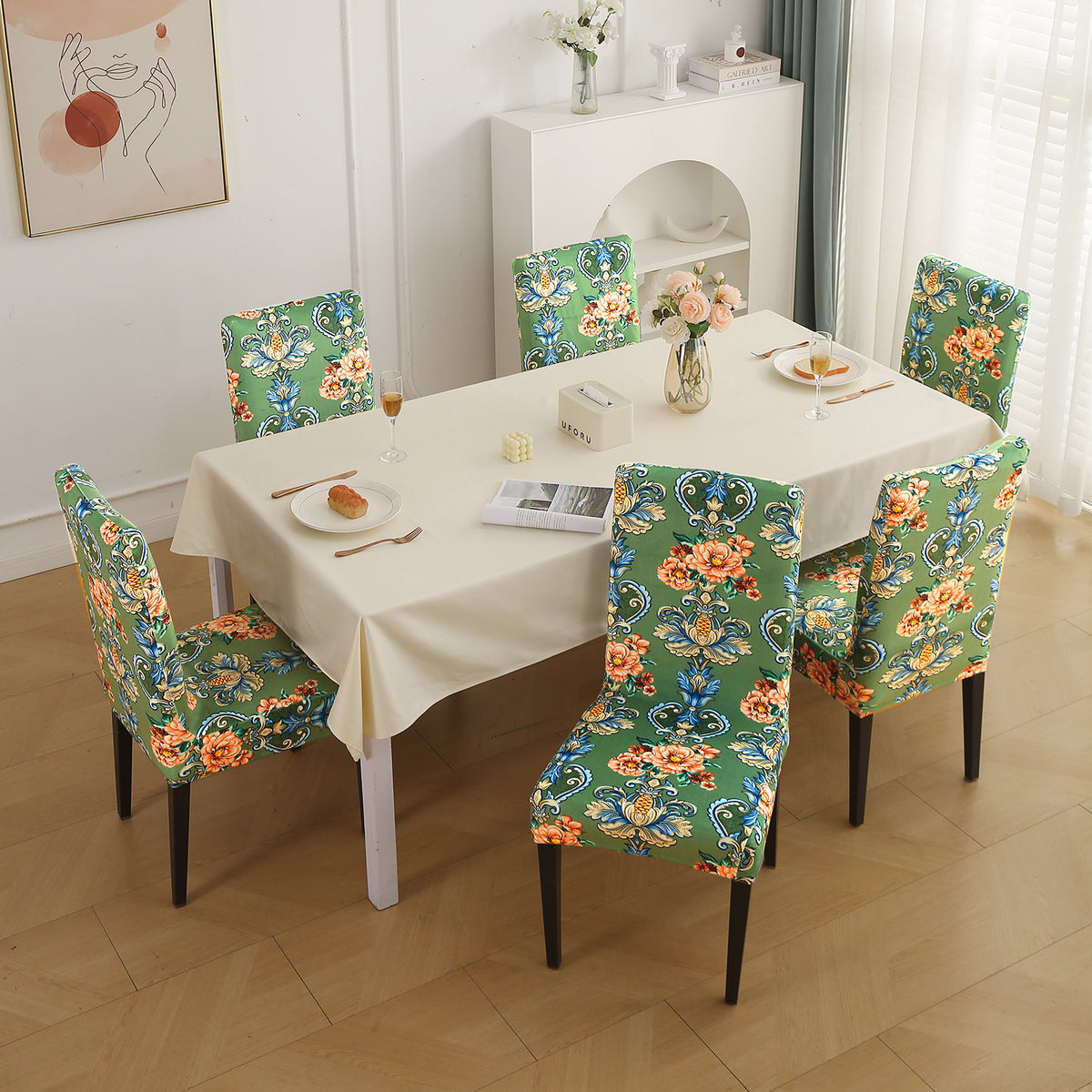 Premium Printed Velvet Dining Chair Cover Set, Green Victorian Garden