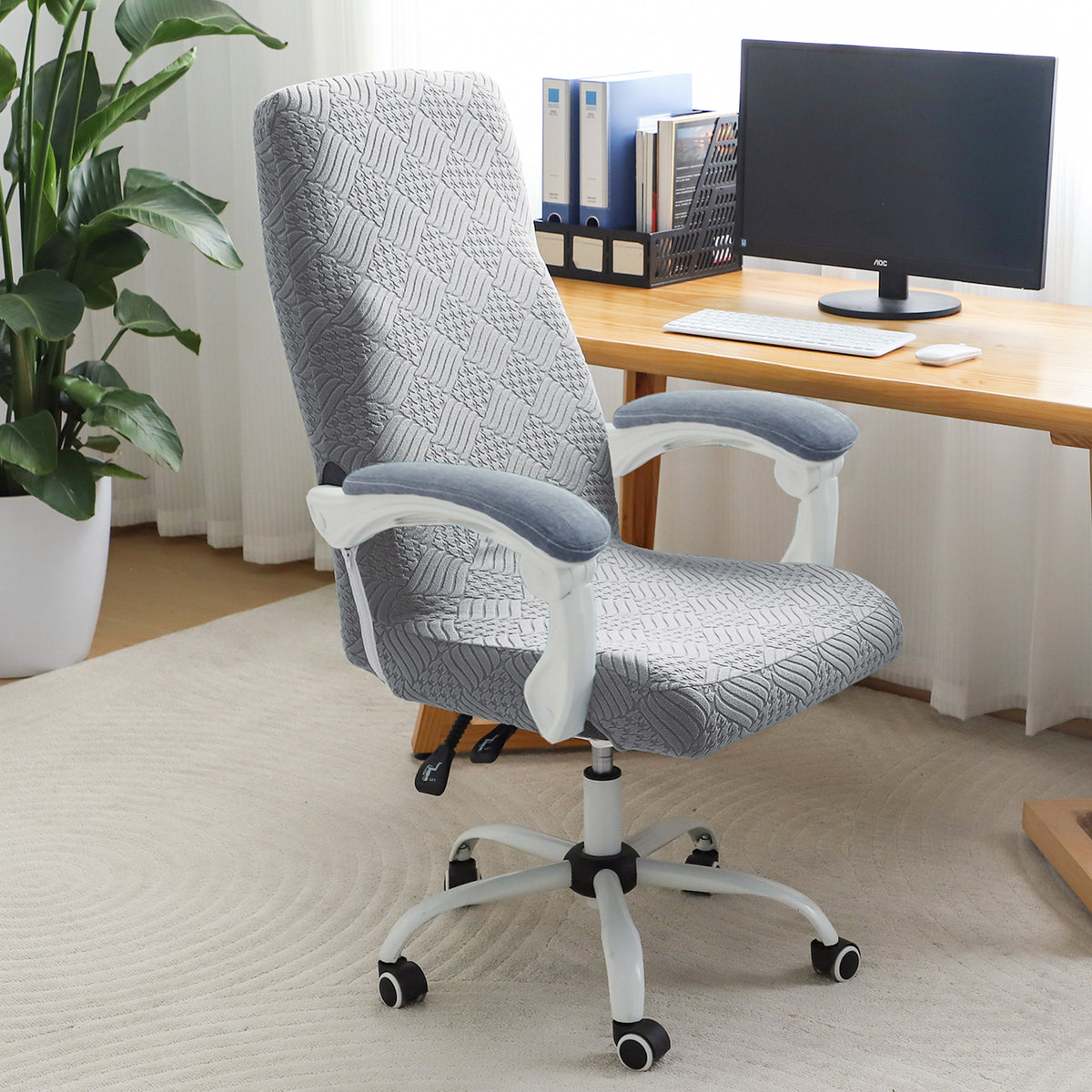 Office Chair Cover for Executive Chair (High-Back) – 170 GSM Stretchable Jacquard – Washable & Anti-Slip – Fits Big & Tall Office Chairs, Light Grey