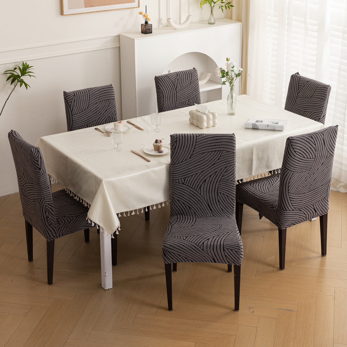 WaveLine Series 180 GSM Jacquard Chair Cover Set of 1/2/4/6, Charcoal Grey