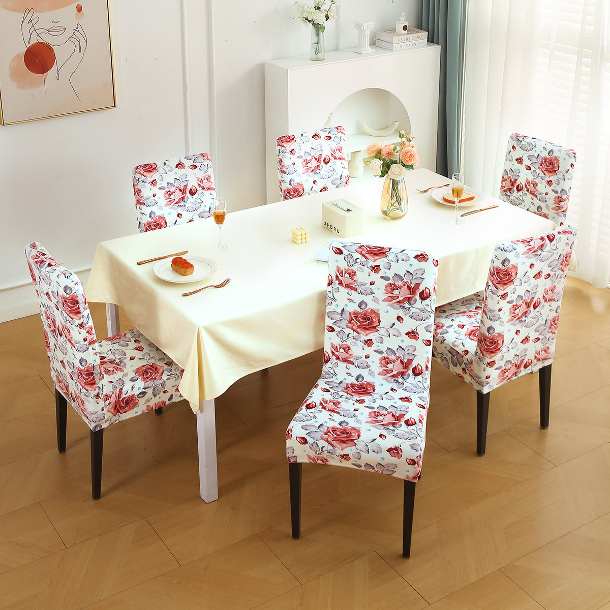 Premium Printed Velvet Dining Chair Cover Set, Red Cottage Rose