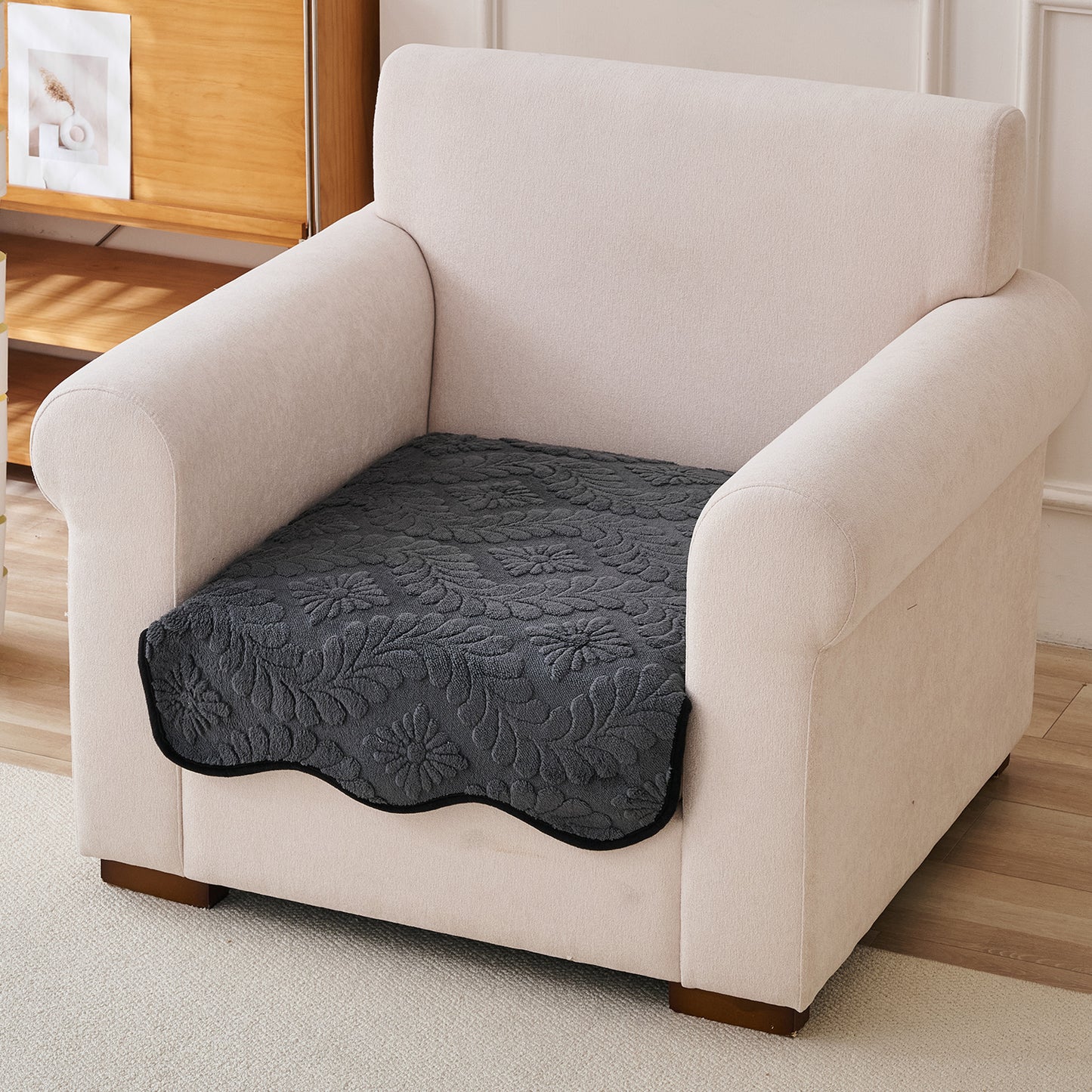 Embossed Floral Jacquard Anti-Slip Sofa Cover Mat, 'Wavy Petal Crest Series' Charcoal Grey